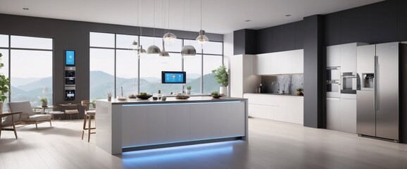 Showcase the power of the Internet of Things with a visually stunning image of a smart home filled with various connected devices and appliances AI, such as smart refrigerators, coffee makers