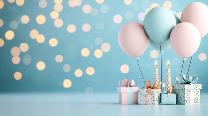 Bright and festive birthday scene featuring pastel balloons, beautifully wrapped gifts, and lit candles, creating joyful atmosphere for celebration