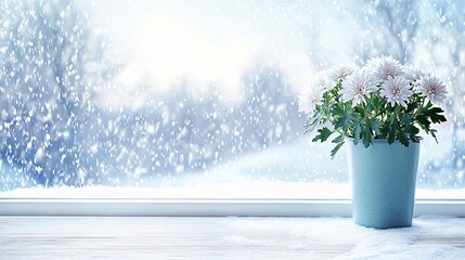 peaceful winter scene with a Chrysanthemum plant on a windowsill, with snow gently falling outside, evoking tranquility and remembrance. Chrysanthemum 