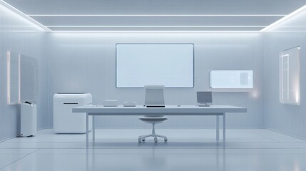 Minimalist white office interior with modern furniture and technology.