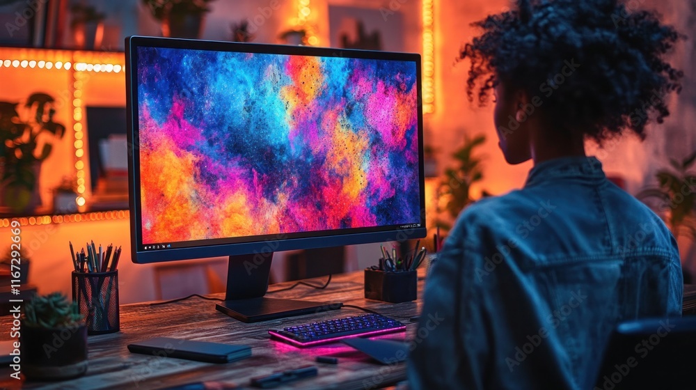 Poster person using computer with colorful screen backdrop