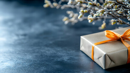 A small gift wrapped in beige paper with an orange ribbon sits on a dark surface next to a snowy branch.