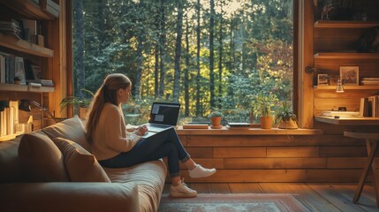 Obraz premium Natural Light Serene Cabin Remote Work Modern Style Rustic Serene Ambiance