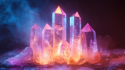 Fototapeta premium Captivating image of a magical glowing geode crystal formation within a mysterious and atmospheric cave landscape The vibrant iridescent crystals emanate a mesmerizing otherworldly light