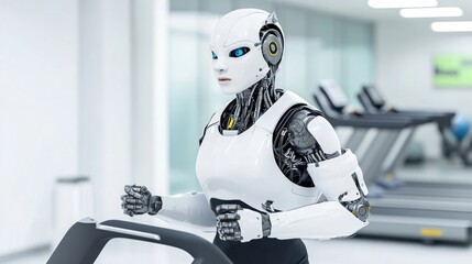 A futuristic robot exercising on a treadmill in a gym setting.