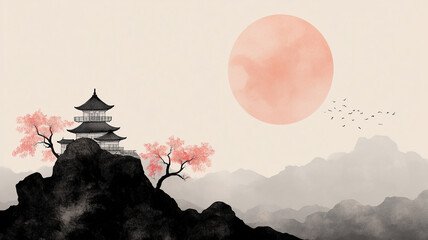 illustration of japanese mountain landscape background, mount fuji japan vector style background for wall art print decor poster design 