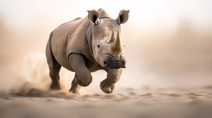 Obraz premium High quality photograph of rhinoceros running in sandy environment, showcasing its powerful physique and dynamic movement. soft background enhances focus on this majestic animal