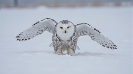 Snowy Owl In Flight Over Snow