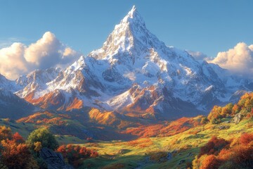 Fototapeta premium Mountain with a snow covered peak and a valley below