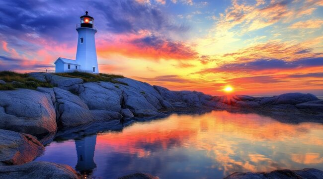 Colorful sunset at the lighthouse at Cape Graham, pib brun on the left side of the rocks with the water pool and sky reflected above, beautiful colorful clouds in the background, bright colors