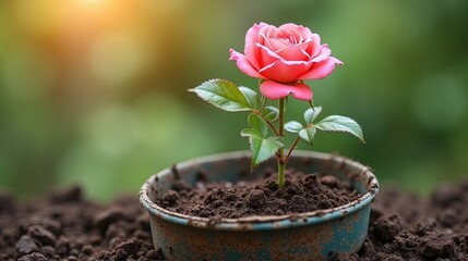 Pink Rose Blooming in Pot