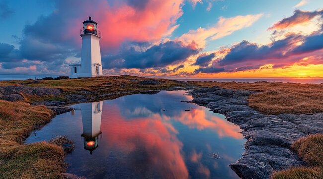 Colorful sunset at the lighthouse at Cape Graham, pib brun on the left side of the rocks with the water pool and sky reflected above, beautiful colorful clouds in the background, bright colors