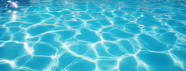 Obraz premium Close-up of clear blue water in a swimming pool, with sunlight reflection creating a textured background. Top view.