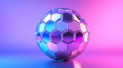 Naklejka premium Chrome sphere with hexagonal facets, illuminated by vibrant pink and blue neon lights.