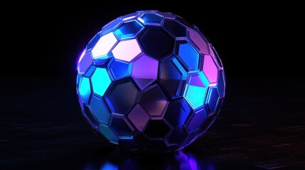Fototapeta premium Futuristic glowing sphere with hexagonal facets, reflecting vibrant neon lights on dark surface.
