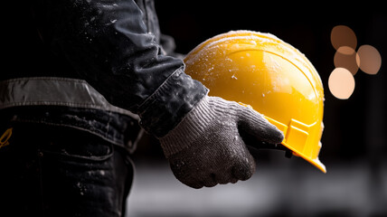 An individual clad in safety wear holds securely a yellow construction helmet at an active work site, representing vigilance and commitment to safety protocols in industrial environments. 