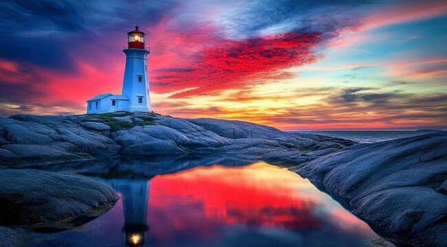 Colorful sunset at the lighthouse at Cape Graham, pib brun on the left side of the rocks with the water pool and sky reflected above, beautiful colorful clouds in the background, bright colors, Nation