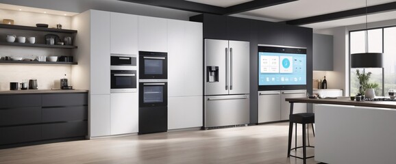 Showcase the power of the Internet of Things with a visually stunning image of a smart home filled with various connected devices and appliances AI, such as smart refrigerators, coffee makers