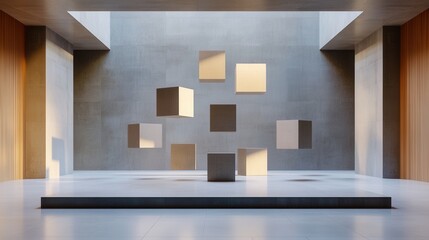 Floating cubes in minimalist concrete space with warm lighting