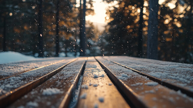 Snow-covered wooden bench in a serene winter forest at sunset - Powered by Adobe