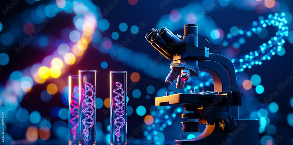 Poster close up view of microscope beside test tubes containing dna strands, illuminated by colorful bokeh 