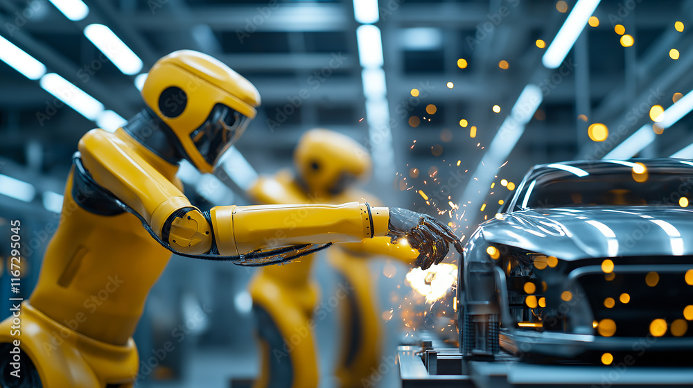 Poster modern factory with yellow robotic arms assembling car, showcasing advanced technology and precision