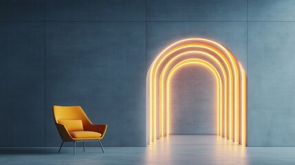 Futuristic yellow chair with glowing neon arches in minimalist interior design