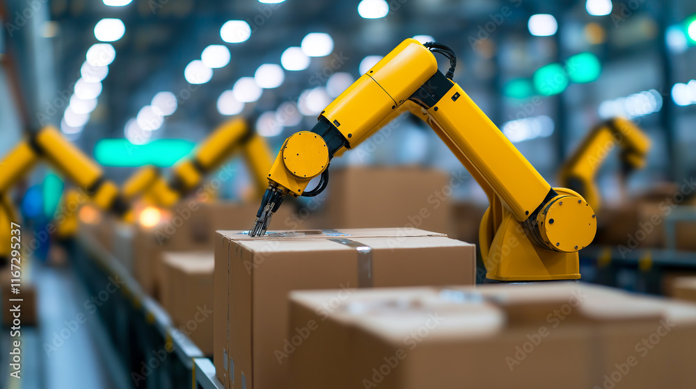 Poster automated robotic arm handling packages in modern factory setting, showcasing advanced technology an