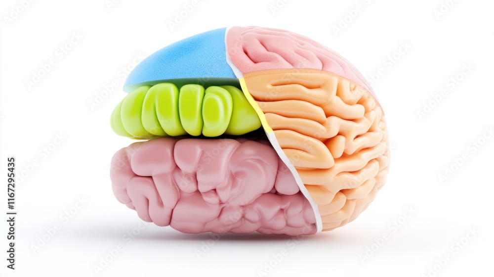 Poster colorful brain model highlighting different regions and functions.