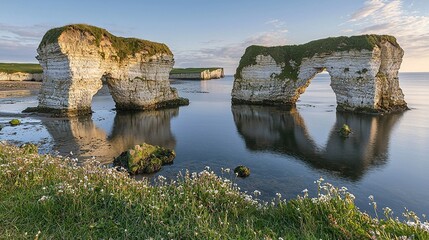 Two sea stacks near shore, grasses in foreground. Background clouds. Use Travel.