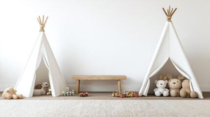 Cozy children room featuring two white play tents, wooden bench, and plush toys. space is inviting and perfect for imaginative play
