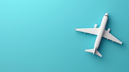 A sleek, white airplane is depicted from above against a vibrant turquoise background, emphasizing a modern design and travel theme.
