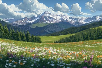 Naklejka premium Colorful wildflowers in full bloom on the grassy slopes of Rocky Mountains, with snow-capped peaks and forested hills under cloudy sky. enchants this picturesque scene with its vibrant colors 