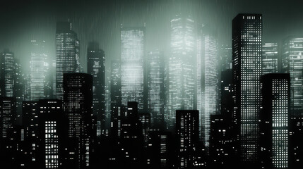 Futuristic Rainy Skyline at Night with Illuminated Skyscrapers in Black and White
