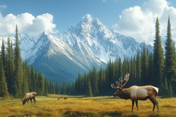 Herd of deer are grazing in a field in front of a mountain range