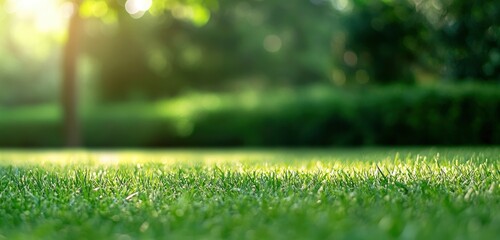 Naklejka premium Green grass in a park with large trees in the background, on a sunny summer day. providing copy space for text. This image is the winner of a stock photo contest, depicting a peaceful landscape