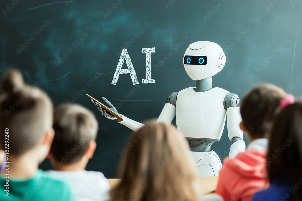 Poster robot teaching students about ai in classroom setting, engaging and informative. scene captures futu