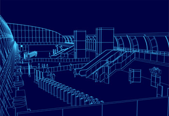 The image is a blue drawing of a train station with people walking around. The scene is peaceful and calm, with no signs of chaos or stress. The people are scattered throughout the station