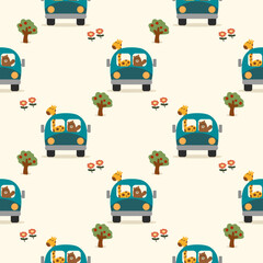 Bear and friend drive van cartoon so cute. On tree flower background. Pattern seamless vector illustration. 
