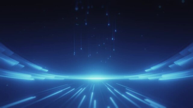 Futuristic abstract blue background featuring glowing light streaks and falling particles, symbolizing innovation, speed, and digital technology.