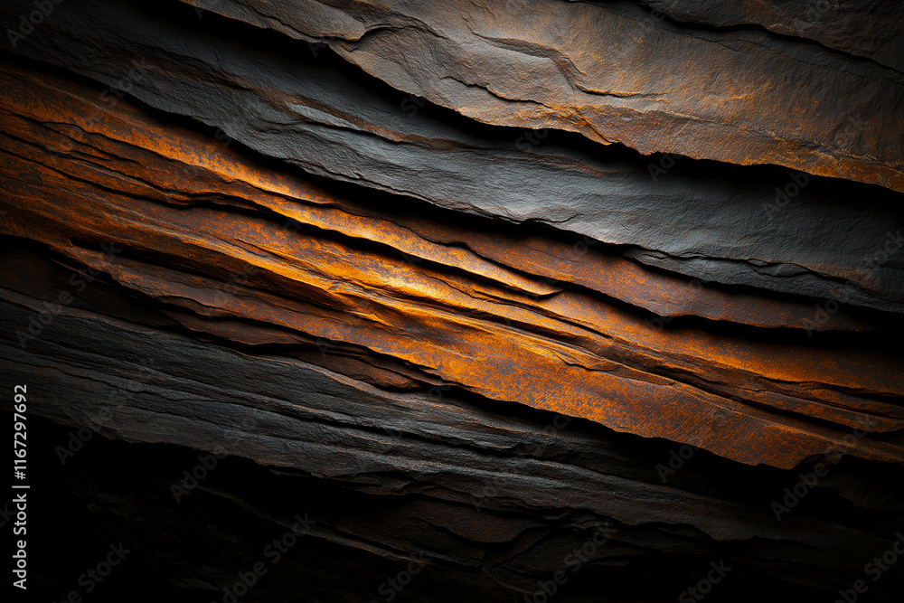 Poster textured rock surface with orange and dark layers, showcasing natural patterns and colors. interplay
