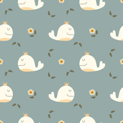 Whale cartoon so cute. On flower leaf green background. Pattern seamless vector illustration. 
