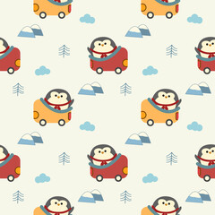 Penguin drive car cartoon so cute. On tree mountain cloud background. Pattern seamless vector illustration. 
