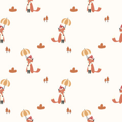 Fox and umbrella cartoon so cute. On cloud tree background. Pattern seamless vector illustration. 