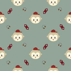 Face monkey cartoon so cute. On skateboard headphone green background. Pattern seamless vector illustration. 