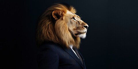 side view of a lion in a suit against black background