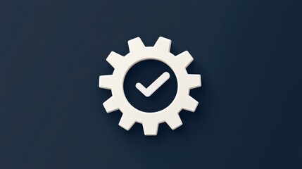 Obraz premium A gear icon with a checkmark represents completion, approval, or functionality in a sleek, modern design on a dark background.