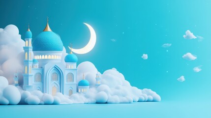 Fototapeta premium Serene Mosque on Clouds Under Crescent Moon: A 3D Rendered Islamic Artwork