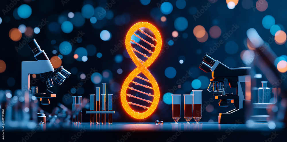 Poster illuminated dna double helix symbolizing life science research, with microscopes and test tubes in l