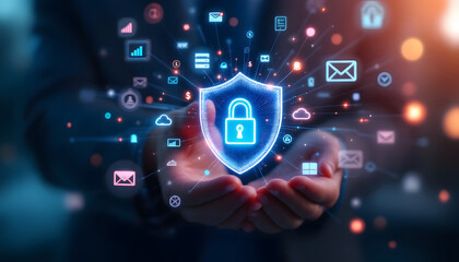 Cyber Security Shield, Protecting Digital Data, Data Protection, Holding Security Shield Icon, Online Security, Shielding Digital Information